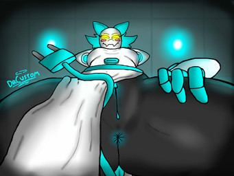 4_fingers anus armless black_body blue_anus blue_ears blue_fingers blue_hair blue_tail blue_vulva breasts cable_tail casual_exposure clothing female fingers floating_hands genitals hair hand_on_leg looking_at_viewer low-angle_view machine pink_cheeks solo spread_legs spreading tail vulva white_clothing yellow_eyes drcustom deltarune undertale_(series) tasque_manager darkner felid mammal robot 4:3 watermark