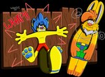 anthro blue_hair blue_pawpads cartoon_physics clothing collision dizzy duo flattened fur green_clothing green_swimwear hair logo male malleable_body motion_lines orange_body orange_fur orange_hair paper_flattened pawpads plank purple_nose red_clothing red_nose red_swimwear showing_teeth simple_background sound_effects spinning spiral_eyes star star_eyes surfboard swimwear swirl toony transparent_background wall_(structure) wavy_mouth wood wood_wall wooden_plank yellow_body yellow_fur marquis2007 unknown_character canid canine fox lagomorph leporid mammal rabbit alpha_channel artist_logo hi_res