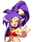 5_fingers bandeau blue_eyes blush breasts clothing crown ear_piercing ear_ring female fingers hair headgear humanoid_pointy_ears long_hair not_furry open_mouth open_smile piercing pointy_ears purple_hair ring_piercing simple_background smile solo tiara topwear white_background nin10ja shantae_(series) wayforward shantae genie humanoid 2020 hi_res