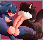 anthro black_body black_fur blue_body blue_fur clothed clothing creepy creepy_face creepy_smile duo fur green_eyes male male/male oral partially_clothed red_eyes smile polt.avi sega sonic_the_hedgehog_(series) fan_character sonic.exe canid canine canis eulipotyphlan hedgehog mammal wolf