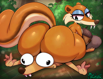 4_fingers acorn anthro anthro_on_anthro big_butt black_eyes blue_eyeshadow bottom_heavy brown_body brown_fur bulging_eyes butt butt_crush crush duo eyeshadow facesitting female female_on_top fingers food fruit fur glistening glistening_butt huge_butt huge_thighs intraspecies looking_back looking_down makeup male male/female male_on_bottom nut_(fruit) on_bottom on_top orange_body orange_fur plant sagging_butt sharp_teeth sitting sitting_on_another smile smirk tail tan_body tan_fur teeth thick_thighs miso_souperstar blue_sky_studios ice_age_(series) scrat_(ice_age) scratte_(ice_age) mammal rodent saber-toothed_squirrel 2026 absurd_res digital_media_(artwork) hi_res signature