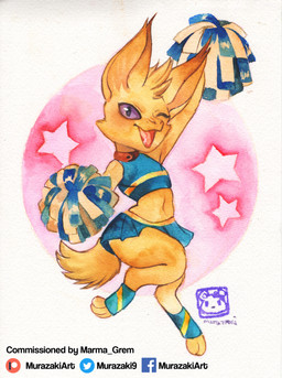 abstract_background anthro biped bottomwear cheerleader chibi clothed clothing crop_top digitigrade femboy fur hair legwear looking_at_viewer male miniskirt one_eye_closed open_mouth pom_poms shirt skirt smile solo topwear murazaki mammal hi_res painting_(artwork) traditional_media_(artwork) traditional_painting_(artwork) traditional_watercolor_(artwork) watercolor_(artwork)