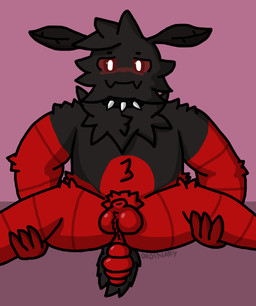 animal_genitalia antennae_(anatomy) anus arm_tuft arthropod_abdomen ball_tuft balls black_body blush collar crotch_tuft elbow_tuft genitals hip_tuft knee_tuft leg_tuft looking_at_viewer male neck_tuft pupils red_balls red_body red_eyes sheath shoulder_tuft simple_background solo spiked_collar spikes spread_legs spreading striped_body stripes tuft white_pupils ordinarymanner cinnamon_(ordinarymanner) arthropod insect lepidopteran moth