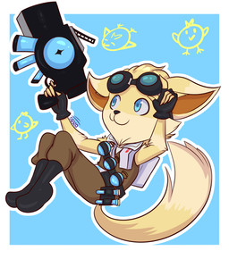 5_fingers :3 backpack belt blue_eyes cheek_tuft chibi clothing explosives eyewear facial_tuft fingers fur gloves goggles grenade gun handwear holding_gun holding_object holding_ranged_weapon holding_weapon multicolored_tail outline ranged_weapon simple_background solo tail tuft vial weapon yellow_body yellow_fur damian5320 hi-rez_studios paladins_(game) pip_(paladins) canid canine fennec_fox fox mammal true_fox hi_res