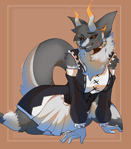 anthro bedroom_eyes big_breasts biped bite biting_lip breasts clothed clothing facial_scar female front_view fur grey_body grey_fur horn maid_uniform narrowed_eyes non-mammal_breasts orange_accents orange_background orange_eyes scar seductive simple_background sitting solo tail uniform wide_hips blxxake mythology cygwin_(doenonsense) dracarinus dragon mythological_creature mythological_scalie scalie absurd_res hi_res