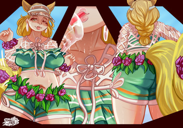 accessory big_breasts big_butt biped blonde_hair blush bodily_fluids breasts butt close-up clothing container cup drinking ear_piercing ear_ring ears_up female flower fluffy fluffy_tail freckles front_view fur hair hat headgear headwear holding_object huge_butt looking_at_viewer one_eye_closed piercing plant rear_view ring_piercing simple_background slightly_chubby smile solo summer_hat sunshine_squirrel_(costume) sweat sweatdrop tail thick_thighs wide_hips wink winking_at_viewer dennhaze marvel marvel_rivals squirrel_girl_(marvel) animal_humanoid humanoid mammal mammal_humanoid rodent rodent_humanoid digital_media_(artwork) hi_res