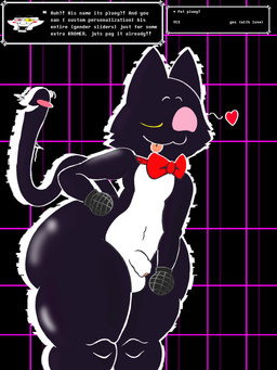 anthro big_butt butt electronics glistening glistening_body male microphone microphone_hands nude solo text thick_thighs lilith_bz_(artist) deltarune undertale_(series) cat_mike_(deltarune) mike_(deltarune) spamton_g._spamton darkner felid feline mammal 3:4 english_text hi_res