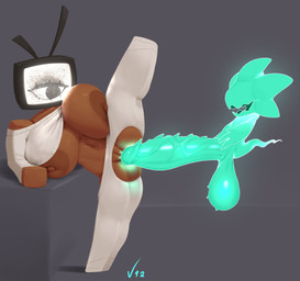 3_fingers areola balls big_balls big_breasts big_penis biped bottomwear breasts brown_body clothed clothing crotchless_bottomwear crotchless_clothing duo electronics eyeless feet female fingers floating for_a_head genitals glowing glowing_genitalia glowing_penis green_body grey_background huge_balls huge_breasts huge_penis humanoid_genitalia humanoid_penis imminent_sex ineffective_clothing male male/female monotone_body navel nipple_slip nipples nude nude_male one_breast_out one_leg_up open_mouth penile_spines penis prodding raised_leg screen screen_face side_view simple_background small_but_hung television text topwear vein veiny_penis vulva white_clothing dibujosv12 ghost humanoid object_head screen_head spirit tv_head 2025 absurd_res artist_name character_request digital_drawing_(artwork) digital_media_(artwork) hi_res