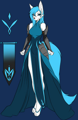 anthro armor blue_clothing blue_dress clothing colored_nails dress female fingers flag footwear front_view high_heels insignia magic_user nails paws pose robe royalty shoes solo standing suggestive tattoo snowiefeather thermia_(character) canid canine canis fox hybrid mammal wolf alpha_channel hi_res