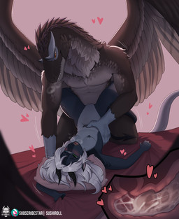 abdominal_bulge arch_position blush bodily_fluids breasts breathing cum cum_in_vagina cum_inside feathered_wings feathers female from_front_position genital_fluids grabbing_sheets guard_position heart_symbol hearts_around_body internal internal_vaginal male male/female neck_tuft obscured_penetration penetration pointed_tail sex size_difference small_breasts smaller_female smaller_penetrated sweat sweatdrop three-quarter_view tuft vaginal vaginal_penetration wings 5ushiroll mythology cirro_(character) sushi_(character) dinosaur dragon hybrid mythological_creature mythological_scalie prehistoric_species reptile scalie 2025