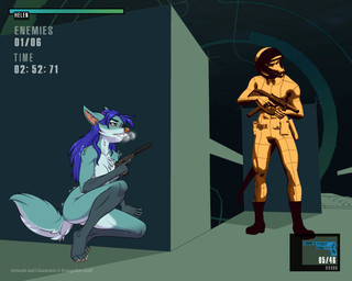 4_toes 5_fingers anthro armor blue_hair breasts butt crouching duo feet female fingers fur gameplay_mechanics grey_body grey_fur gui gun hair handgun health_bar hiding hindpaw humanoid_hands male multicolored_body multicolored_fur nude nude_anthro nude_female paws pistol ranged_weapon text timer toes two_tone_body two_tone_fur virtual_reality waiting weapon white_body white_fur evangellos helen_(evangellos) canid canine canis lizard mammal reptile scalie wolf english_text