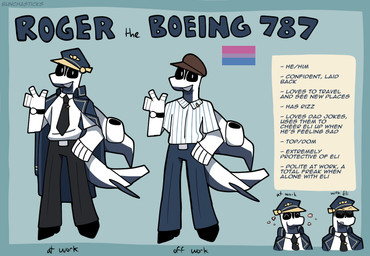 aircraft anthro bisexual_pride_colors boeing_787 clock clothing coat_cape hat headgear headwear lgbt_pride machine male necktie peaked_cap pilot_uniform pride_colors solo standing text vehicle watch wristwatch bunchasticks boeing roger_(bunchasticks) aeromorph living_aircraft living_machine living_vehicle english_text hi_res model_sheet