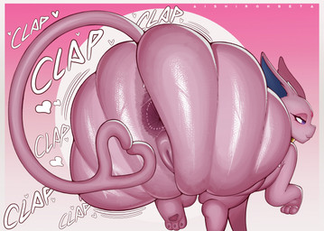 anus ass_clapping big_butt butt female female_feral feral forked_tail fur genitals gesture heart_symbol huge_butt hyper hyper_butt looking_at_viewer looking_back looking_back_at_viewer overweight overweight_female pink_body pink_fur presenting presenting_hindquarters solo sound_effects tail tail_gesture tail_heart text twerking unusual_anatomy unusual_tail vulva aishirokbeta nintendo pokemon eeveelution espeon generation_2_pokemon pokemon_(species) 2026 absurd_res digital_media_(artwork) hi_res