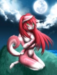:3 anthro belly biped black_nose breasts cloud featureless_breasts female fur green_eyes hair moon navel pacmancorp pink_body pink_fur pink_hair sitting solo soriana water white_belly white_body white_fur