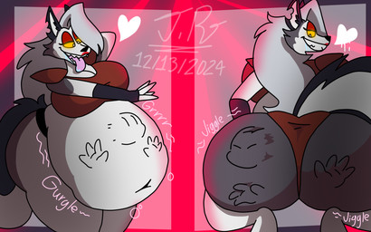 absorption_vore anthro belly big_belly bloated breasts clothed clothing crouching dominant dominant_female duo female female_pred fur hair makeup open_mouth simple_background smile tail teeth text tongue tongue_out vore white_body white_fur wide_hips yellow_eyes jayme_universe hellaverse helluva_boss mythology loona_(helluva_boss) canid canid_demon canine demon hellhound mammal mythological_canine mythological_creature digital_media_(artwork) english_text hi_res