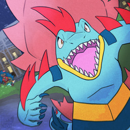 alternate_form angry arm_spikes armor blue_body body_armor duo feral night open_mouth pink_mouth pink_tongue plant sharp_teeth shrub sky spiked_tail spikes spikes_(anatomy) star starry_sky tail teeth tongue lilgreenfox nintendo pokemon generation_9_pokemon human mammal mega_evolution mega_feraligatr pokemon_(species) 1:1 hi_res