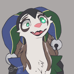 anthro bell blinking blue_clothing blue_headwear blue_topwear brown_hair chest_tuft clothing clown_makeup crazy_eyes dialogue different_sized_pupils female fool's_hat fur green_clothing green_eyes green_headwear green_topwear hair hat headgear headwear jester long_neck looking_at_viewer multicolored_body multicolored_clothing multicolored_fur pink_nose simple_background solo topwear tuft twitching two_tone_body two_tone_fur white_body white_fur maenei elenora_(bebop_the_hog) mammal mustelid musteline true_musteline weasel 1:1 2024 animated signature