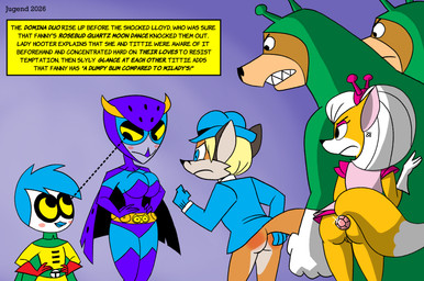 age_difference anal anal_penetration anthro armwear beak big_breasts biped black_nose blonde_hair blue_armwear blue_cape blue_clothing blue_elbow_gloves blue_gloves blue_hair blue_handwear blue_hat blue_headwear blue_jacket blue_legwear blue_leotard blue_mask blue_thigh_boots blue_thigh_highs blue_topwear blush boots bottomless bottomless_female bottomless_male bowler_hat breasts buttplug buttplug_in_ass buttplug_insertion cape clenched_teeth clothed clothed_female clothing countershade_face countershading dipstick_tail domino_mask elbow_gloves eyemask eyewear female footwear fur gem genitals gloves green_cape green_clothing group hair hands_on_own_hips handwear hat headgear headwear humanoid_genitalia humanoid_vulva jacket jewel_buttplug larger_female larger_male legwear leotard male markings mask object_in_ass older_female older_male orange_body orange_fur penetration plug_(sex_toy) plug_insertion red_clothing red_gloves red_handwear sex_toy sex_toy_in_ass sex_toy_insertion sharp_teeth shirt shoes short_hair size_difference smaller_female standing superhero superhero_costume tail tail_markings teeth text thigh_boots thigh_highs topwear vulva white_body white_clothing white_countershading white_fur white_gloves white_hair white_handwear white_markings yellow_body yellow_clothing yellow_fur yellow_sclera yellow_shirt yellow_topwear young young_anthro young_female younger_female jugend tycloud avian bear bird canid canine eurasian_blue_tit fox mammal oscine owl passerine tit_(bird) english_text hi_res