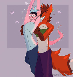 anthro blindfold blue_hair bottomwear bound bra brown_hair clothing countershading duo ear_piercing female fluffy fluffy_tail fur gloves_(marking) grin hair hands_tied laugh male male/female markings orange_body orange_fur pants piercing pink_body pink_fur rat_tail red_eyes smile squirming tail text tickle_fetish tickle_torture tickling tickling_armpits underwear leapsandtumbles muffy_(leapsandtumbles) canid canine fox mammal mouse murid murine rodent animated english_text watermark