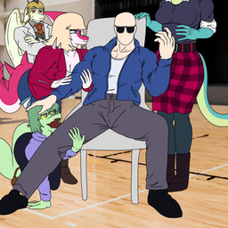 5_fingers anthro bald big_tail black_boots black_clothing black_footwear black_shoes blonde_hair blue_clothing blue_eyes blue_jacket blue_leggings blue_legwear blue_topwear bone_frill boots bottomwear breasts brown_boots brown_clothing brown_footwear business_suit cleavage clothed clothing crossed_arms denim denim_bottomwear denim_clothing eyewear female female_on_human fingers footwear frill_(anatomy) green_body green_hair green_scales grey_bottomwear grey_clothing grey_eyes grey_pants group hair harem head_crest hoodie human_on_anthro interspecies jacket jeans leggings legwear light-skinned_male light_body light_skin long_hair long_tail magenta_body magenta_scales male male_on_anthro medium_breasts medium_hair multicolored_body multicolored_scales open_mouth open_smile orange_eyes pale_body pale_scales pants pattern_bottomwear pattern_clothing pattern_skirt photo_background plaid plaid_bottomwear plaid_clothing plaid_skirt pose purple_clothing purple_hoodie purple_topwear red_clothing red_jacket red_topwear scales shoes skirt smile snout spiked_tail spikes spikes_(anatomy) suit sunglasses tail topwear torn_bottomwear torn_clothing torn_jeans torn_pants turquoise_body turquoise_scales two_tone_body two_tone_scales white_body white_scales wings yellow_sclera vexcorp cavemanon_studios i_wani_hug_that_gator iadakan inco_(iwhtg) liz_farlane mia_moretti olivia_halford baryonyx brachiosaurid brachiosaurus dinosaur hadrosaurid human macronarian mammal ornithischian ornithopod parasaurolophus prehistoric_species pterodactylus pterosaur reptile saurischian sauropod sauropodomorph scalie spinosaurid theropod 1:1 2026 digital_drawing_(artwork) digital_media_(artwork) hi_res meme mixed_media photography_(artwork)