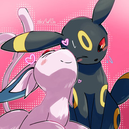ambiguous_gender black_body blush blush_lines bodily_fluids daww duo eyes_closed feral forehead_gem forked_tail fur gem heart_symbol lying markings nuzzling on_front one_eye_closed purple_body purple_fur red_eyes ring_(marking) simple_background sitting sweat sweatdrop tail unusual_anatomy unusual_tail wasawasa nintendo pokemon eeveelution espeon generation_2_pokemon pokemon_(species) umbreon 1:1 2025 hi_res signature