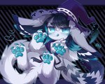 3_fingers 3_toes :3 ambiguous_gender anthro arm_tuft big_ears big_tail biped black_body black_ears black_fur black_inner_ear black_markings black_tail blue_body blue_claws blue_ears blue_fur blue_hair blue_pawpads blue_tongue blush bodily_fluids bottomless claws clothed clothing countershade_arms countershade_feet countershade_fur countershade_hands countershade_tail countershade_torso countershading daww dipstick_tail elbow_tuft eye_markings featureless_crotch feet fingers fluffy fluffy_ears fluffy_tail front_view fur glistening glistening_pawpads grey_body grey_ears grey_fur grey_tail hair hat headgear headwear heart_catchlight heart_symbol hindpaw kemono licking licking_lips licking_own_lips long_tail looking_at_viewer lying markings medium_hair multicolored_body multicolored_ears multicolored_fur multicolored_hair multicolored_tail on_back outline_heart pattern_background pawpads paws pupils purple_background purple_clothing purple_hat purple_headwear ring_(marking) ringed_tail semi-anthro simple_background slit_pupils solo striped_markings striped_tail stripes sweat sweatdrop tail tail_markings three-quarter_view toe_claws toes tongue tongue_out tuft two_tone_hair white_body white_countershading white_ears white_fur white_tail witch_hat mekkyaru mekya_(mekkyaru) felid feline mammal 5:4 colored digital_media_(artwork) full-length_portrait hi_res portrait shaded signature female_(lore)