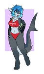 4_toes 5_fingers anthro blue_eyes blue_hair breasts cleavage clothed clothing feet female fingers hair lifeguard midriff navel non-mammal_breasts open_mouth open_smile red_cross sharp_teeth short_hair smile solo teeth text text_on_clothing toes whistle_(object) ambris erika_(ambris) fish marine shark 2022 3:5 hi_res