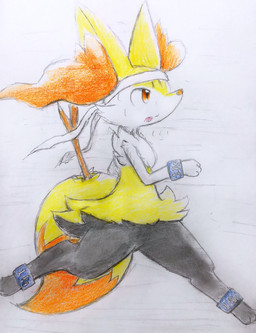 ambiguous_anthro ambiguous_gender anthro biped bodily_fluids breath digitigrade featureless_crotch object_in_tail open_mouth running simple_background snout solo stick stick_in_tail sweat tail weights eiroru nintendo pokemon braixen canid generation_6_pokemon mammal pokemon_(species) 2018 colored_pencil_(artwork) full-length_portrait graphite_(artwork) hi_res japanese_description portrait traditional_media_(artwork) translated_description