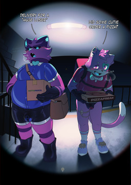 anal anal_penetration anthro anthrofied athletic biped black_clothing black_sclera black_short black_underwear blue_body blue_clothing blue_eyes blue_fur blue_lock_symbol blue_shirt blue_tongue blue_topwear blush boots bottomwear box bulge chastity_device clothed clothing collar container delivery_(commerce) delivery_employee detailed_background dialogue dipstick_tail embarrassed femboy first_person_view flirting food food_carrier food_delivery footwear frustrated fur heart_(marking) implied_chastity latex latex_boots latex_bottomwear latex_clothing latex_footwear latex_shirt latex_shorts latex_topwear latex_underwear latex_uniform lock_bulge lock_symbol logo looking_at_viewer male markings multicolored_body multicolored_fur object_in_ass overweight package parcel penetration pink_body pink_collar pink_eyes pink_fur pizza pizza_box pizza_delivery pizza_delivery_carrier pokemorph postal_delivery purple_body purple_collar purple_fur red_clothing red_lock_symbol red_shirt red_topwear sex_toy sex_toy_in_ass sex_toy_insertion sharp_teeth shirt shoes shorts sneakers socks sparklefur striped_body striped_fur stripes tail tail_markings teeth text tongue topwear underwear uniform vibrator vibrator_in_ass white_body white_fur white_text rucknatto nintendo pokemon august_(meowmcmeow) august_(torracat) domestic_cat felid feline felis generation_7_pokemon mammal pokemon_(species) torracat 2025 absurd_res digital_media_(artwork) english_text hi_res