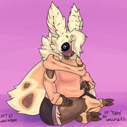 anthro blush bodily_fluids fluffy male one_eye_obstructed sitting solo sweat wallkisser taro_(welwraith) arthropod insect lepidopteran moth 1:1