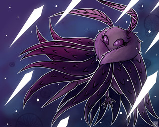 antennae_(anatomy) anthro biped eyelashes female fingers fur logo neck_tuft pose purple_eyes solo tuft netmors hollow_knight_(franchise) team_cherry seer_(hollow_knight) arthropod insect lepidopteran moth artist_logo hi_res