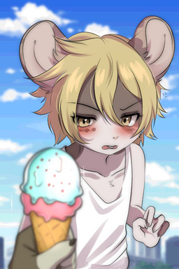angry anime_style anthro blonde_hair blush brown_eyes clothing dessert duo embarrassed femboy fluffy food fur hair ice_cream kemono looking_at_another looking_down male markings shirt short_hair sky solo spots spotted_body spotted_fur summer t-shirt topwear tsundere litchi666 buddy_cassini mammal murid murine rat rodent digital_media_(artwork) hi_res portrait
