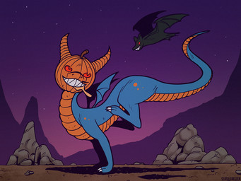 ambiguous_feral ambiguous_gender black_body black_wings blue_body blue_wings duo feral flying for_a_head grin membrane_(anatomy) membranous_wings orange_body orange_scales outside pumpkin_head purple_sky red_eyes rock running scales side_view sky smile text wings slash_freezen object_head artist_name