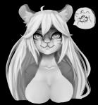 :3 ahoge anthro big_breasts black_background breasts cute_fangs eyelashes fangs featureless_breasts female front_view fur hair half-closed_eyes inner_ear_fluff long_hair looking_at_viewer multicolored_body multicolored_fur narrowed_eyes nude sabertooth_(anatomy) simple_background smile solo speech_bubble stripes teeth tuft whiskers white_hair sphazar aiadel_miyu american_curl domestic_cat felid feline felis hoplophoneus hybrid mammal 2015 bust_portrait digital_media_(artwork) digital_painting_(artwork) greyscale hi_res monochrome pictographics portrait