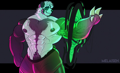 abs anthro armpit_hair barazoku barely_visible_genitalia barely_visible_penis big_muscles big_pecs black_border black_sclera body_hair border briefs briefs_only bulge chest_hair claws clothed clothing curly_hair fur genitals green_eyes green_light hair light male male_anthro muscular muscular_anthro muscular_male nipples pecs penis pink_light portal pubes smile solo text topless underwear underwear_only veiny_arms white_body white_fur melaisen alvin_(melaisen) bear giant_panda mammal 2023 absurd_res artist_name digital_drawing_(artwork) digital_media_(artwork) hi_res letterbox lighting portrait shaded three-quarter_portrait