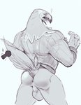aestheticmachine anthro anus avian backsack balls beak bird blush bodily_fluids bottomless butt clothed clothing feathers genitals male monochrome muscular muscular_anthro muscular_male non-mammal_balls open_mouth perineum simple_background solo sweat tongue topwear white_background