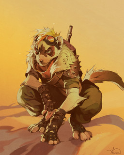 anthro clothing crouching desert eyewear fingerless_gloves footwear gloves goggles handwear male solo toeless_footwear wasteland aspeneyes hunter_(ziggy) domestic_ferret mammal mustelid musteline true_musteline weasel absurd_res hi_res huge_filesize