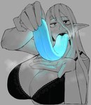 big_tongue bodily_fluids breasts clothing female glowing glowing_tongue humanoid_pointy_ears lingerie looking_at_viewer not_furry open_mouth pointy_ears saliva saliva_on_tongue saliva_string simple_background solo steam tongue tongue_out ohasiart elf humanoid sketch