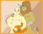 abs accessory anthro athletic bandage border bracelet brown_body brown_eyes brown_fur brown_hair duo food fruit fur hair headband holidays jewelry looking_at_viewer male muscular muscular_male nipples nude plant pumpkin simple_background smile smirk teeth yellow_border koruro halloween utau giga_lacan shounen_lacan felid lion mammal pantherine 2016 digital_media_(artwork)