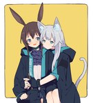 animal_ears ascot black_clothing black_jacket black_topwear blue_eyes blush bodily_fluids border brown_hair cat_tail clothing duo female female/female fingerless_gloves front_view gloves grey_hair hair handwear hug hug_from_side inner_ear_fluff jacket light_body light_skin long_hair looking_at_another rabbit_ears shirt simple_background sweat sweatdrop tail topwear translucent translucent_hair tuft white_border white_clothing white_shirt white_topwear wristband yellow_background coldcat. arknights hypergryph studio_montagne amiya_(arknights) rosmontis_(arknights) animal_humanoid cat_humanoid felid felid_humanoid feline feline_humanoid humanoid lagomorph lagomorph_humanoid leporid_humanoid mammal mammal_humanoid rabbit_humanoid hi_res