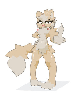 anthro female genitals gesture hand_gesture low-angle_view middle_finger nipples solo tomboy unimpressed vulva jabaox rolo_stuff sam_(rolo_stuff) domestic_ferret mammal mustelid musteline true_musteline weasel hi_res