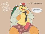 2020 2_horns anthro belly bowser boxers_(clothing) camcroc clothed clothing dialogue dress_shirt english_text eyebrows eyewear genital_piercing genitals glasses hair hairy hi_res horn kinktober koopa looking_at_viewer male mario_bros navel necktie nintendo open_clothing open_mouth open_shirt open_topwear partially_clothed penis penis_piercing penis_through_underwear piercing polka_dot_underwear polka_dots red_hair reptile scalie shell shirt solo speech_bubble spiked_shell spikes spikes_(anatomy) talking_to_viewer teeth teeth_showing text thick_eyebrows topwear underwear undressing
