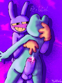 anthro awkward balls big_penis blush bodily_fluids butt clothing duo erection excessive_genital_fluids excessive_precum female genital_fluids genitals gloves green_body half_naked handwear hug humanoid_genitalia humanoid_penis male male/female penis precum purple_body skinny small_tail smile star tail teeth text yoshreveluv glitch_productions the_amazing_digital_circus jax_(tadc) ribbit_(tadc) amphibian frog humanoid lagomorph leporid mammal rabbit 3:4 digital_drawing_(artwork) digital_media_(artwork) shaded