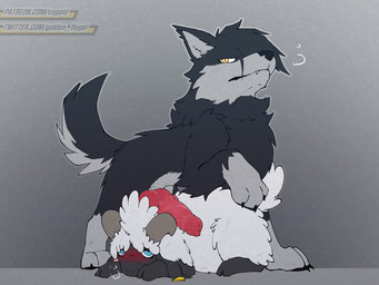 animal_genitalia animal_penis big_penis blush bodily_fluids breath canine_genitalia canine_penis dirty duo ear_piercing ear_tag erection feral feral_on_feral fur genital_fluids genitals horn knot knotted_penis looking_at_viewer male male/male panting penis penis_on_head piercing predator/prey simple_background tail white_body vogold bovid canid canine canis caprine mammal sheep wolf 4:3 digital_media_(artwork)