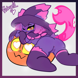 anthro anus ass_up bent_over breasts butt chibi feet female food fruit genitals heart_eyes heart_symbol holidays looking_back plant pumpkin red_eyes solo tail tongue vulva wide_hips yellow_sclera fishys1 halloween nintendo pokemon domestic_cat felid feline felis generation_4_pokemon mammal mismagius pokemon_(species) 1:1