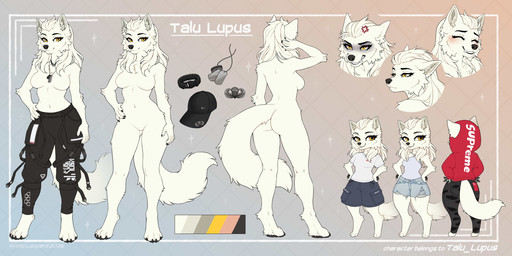 4_toes 5_fingers anthro biped blush bottomwear breasts butt claws clenched_teeth clothed clothed_anthro clothed_female clothing dog_tags eyes_closed featureless_breasts featureless_crotch feet female finger_claws fingers front_view fully_clothed fully_clothed_anthro fully_clothed_female fur hair hand_on_hip hand_on_own_hip hat headgear headwear hoodie inner_ear_fluff navel nude nude_anthro nude_female pants pants_only partially_clothed partially_clothed_anthro partially_clothed_female pawpads paws rear_view shirt simple_background smile solo t-shirt tail teeth toe_claws toes topless topless_anthro topless_female topwear tuft white_body white_fur white_hair white_tail yellow_eyes kyotoleopard talu_lupus canid canine canis mammal wolf 2026 digital_drawing_(artwork) digital_media_(artwork) hi_res model_sheet