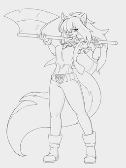 1_eye anthro axe big_breasts big_hair big_tail bracelet breasts claws clothed clothing collar crop_top delta_rune_(emblem) ear_piercing female fully_clothed hair holding_object holding_weapon jewelry melee_weapon navel occult_symbol pentagram piercing sharp_teeth shirt smile smirk solo symbol tail teeth topwear weapon yoke_pose big_sis_(artist) deltarune hellaverse helluva_boss mythology undertale undertale_(series) loona_(helluva_boss) susie_(deltarune) canid canid_demon canine canis demon domestic_dog hellhound mammal mythological_canine mythological_creature absurd_res hi_res monochrome