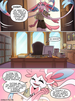 anthro anthrofied blue_body blue_eyes blue_fur chair desk fur furniture male pink_body pink_ears pink_fur pink_tail pokemorph solo table tail text white_body white_fur odeko-yma nintendo pokemon pokemon_mystery_dungeon spike_chunsoft pix_(odeko-yma) ampharos eeveelution generation_2_pokemon generation_6_pokemon pokemon_(species) sylveon absurd_res comic english_text hi_res