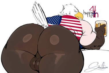 american_flag_clothing anthro backsack balls beak beer_mug big_butt bottomless bottomless_male brown_body brown_feathers butt clothed clothing container cup feathers genitals holding_container holding_cup holding_mug holding_object holidays huge_butt looking_at_viewer looking_back looking_back_at_viewer male mug muscular muscular_anthro muscular_male presenting presenting_hindquarters shirt solo tail tail_feathers thick_thighs topwear freeposers_(artist) 4th_of_july american_eagle accipitrid accipitriform avian bald_eagle bird eagle sea_eagle absurd_res hi_res