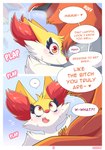 2022 anthro anthro_on_feral ari_the_talonflame avian beak bestiality blush bodily_fluids braixen breath breathing_noises canid canine cheek_tuft color_coded color_coded_text comic conjoined_speech_bubble contact_onomatopoeia dialogue different_sound_effects drooling duo ears_back ellie_the_braixen ellipsis english_text exclamation_point facial_tuft fangs feathers feral fur generation_6_pokemon girly grey_body grey_feathers head_tuft heart_after_text heart_symbol hi_res impact_onomatopoeia inner_ear_fluff interrobang_exclamation interspecies linked_speech_bubble looking_at_another male male/male male_(lore) mammal mirror mirror_reflection nikkibunn nintendo onomatopoeia open_mouth orange_body orange_feathers pivoted_ears plap pokemon pokemon_(species) red_body red_fur red_nose reflection saliva shaded snout sound_effects speech_bubble stuttering sweat talonflame teeth text text_with_heart tongue tongue_out tuft two_panel_image white_body white_fur yellow_body yellow_fur